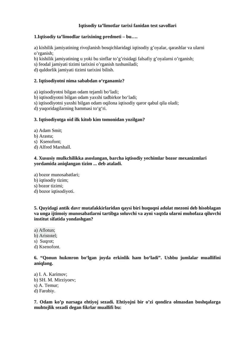 Iqtisodiy ta’limotlar tarixi fanidan test savollari