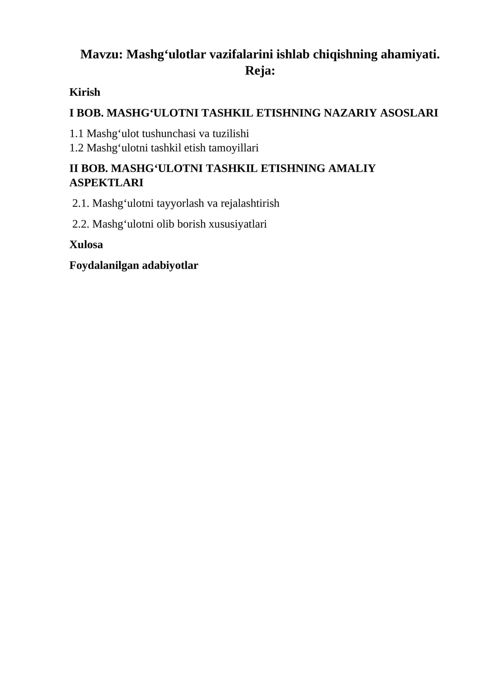 Mashg‘ulotlar vazifalarini ishlab chiqishning ahamiyati