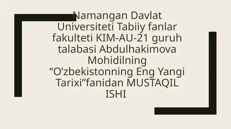 O’zbekistonning Eng Yangi Tarixi