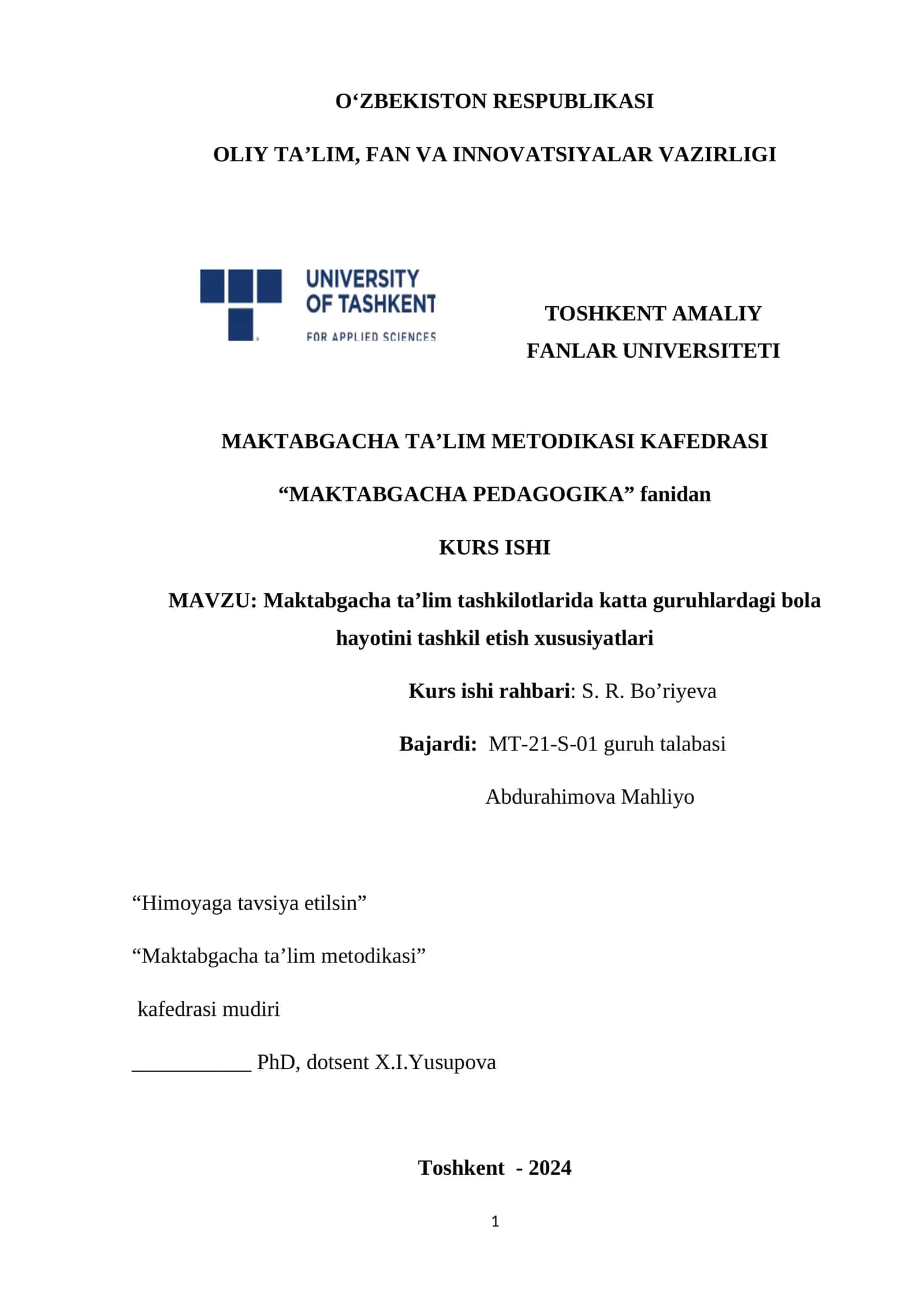 Maktabgacha ta’lim tashkilotlarida katta guruhlardagi bola hayotini tashkil etish xususiyatlari
