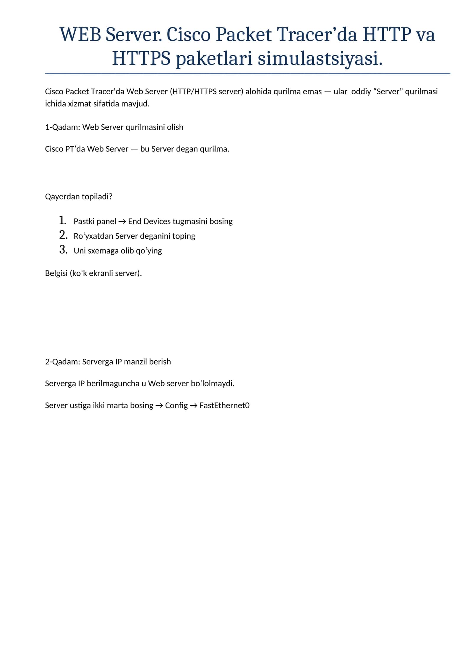 WEB Server. Cisco Packet Tracer’da HTTP va HTTPS paketlari simulastsiyasi