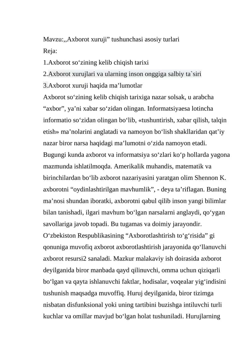 Axborot xurujlari va ularning inson onggiga salbiy ta`siri