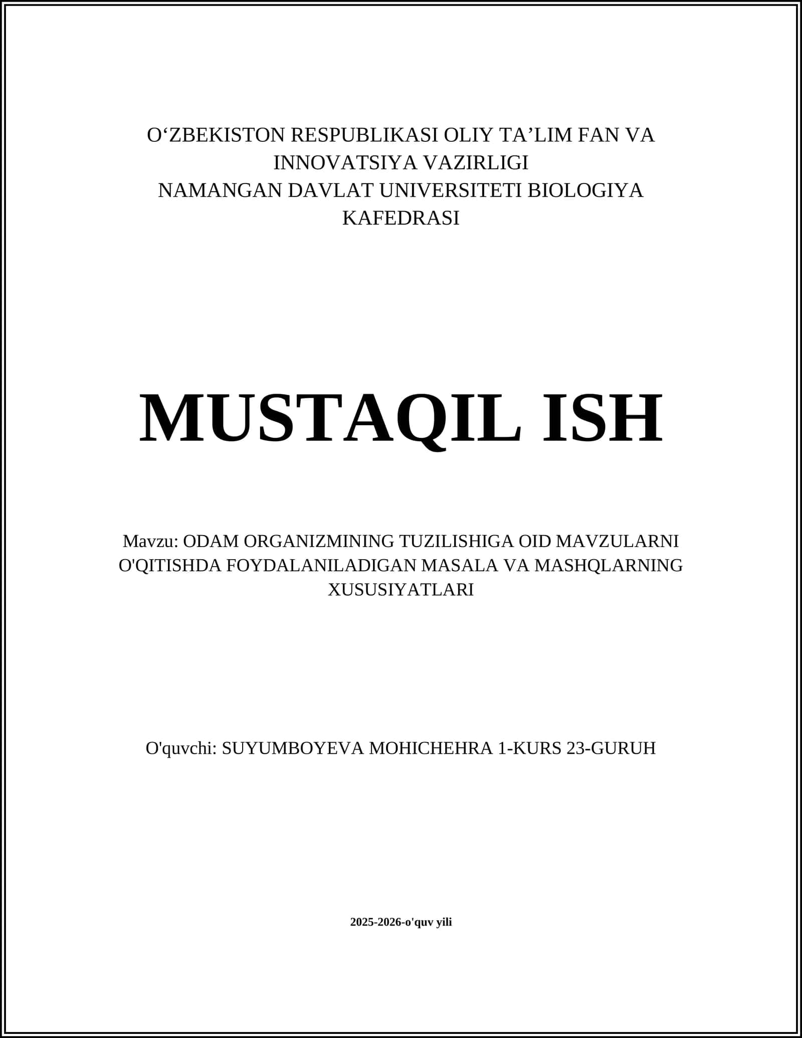 ODAM ORGANIZMINING TUZILISHIGA OID MAVZULARNI O'QITISHDA FOYDALANILADIGAN MASALA VA MASHQLARNING XUSUSIYATLARI