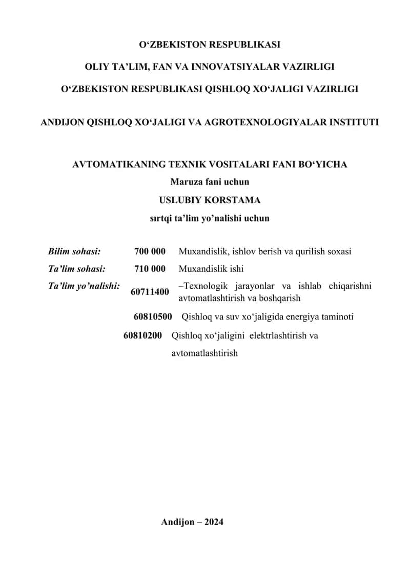 Avtomatikaning Texnik Vositalari Fani Bo‘yicha