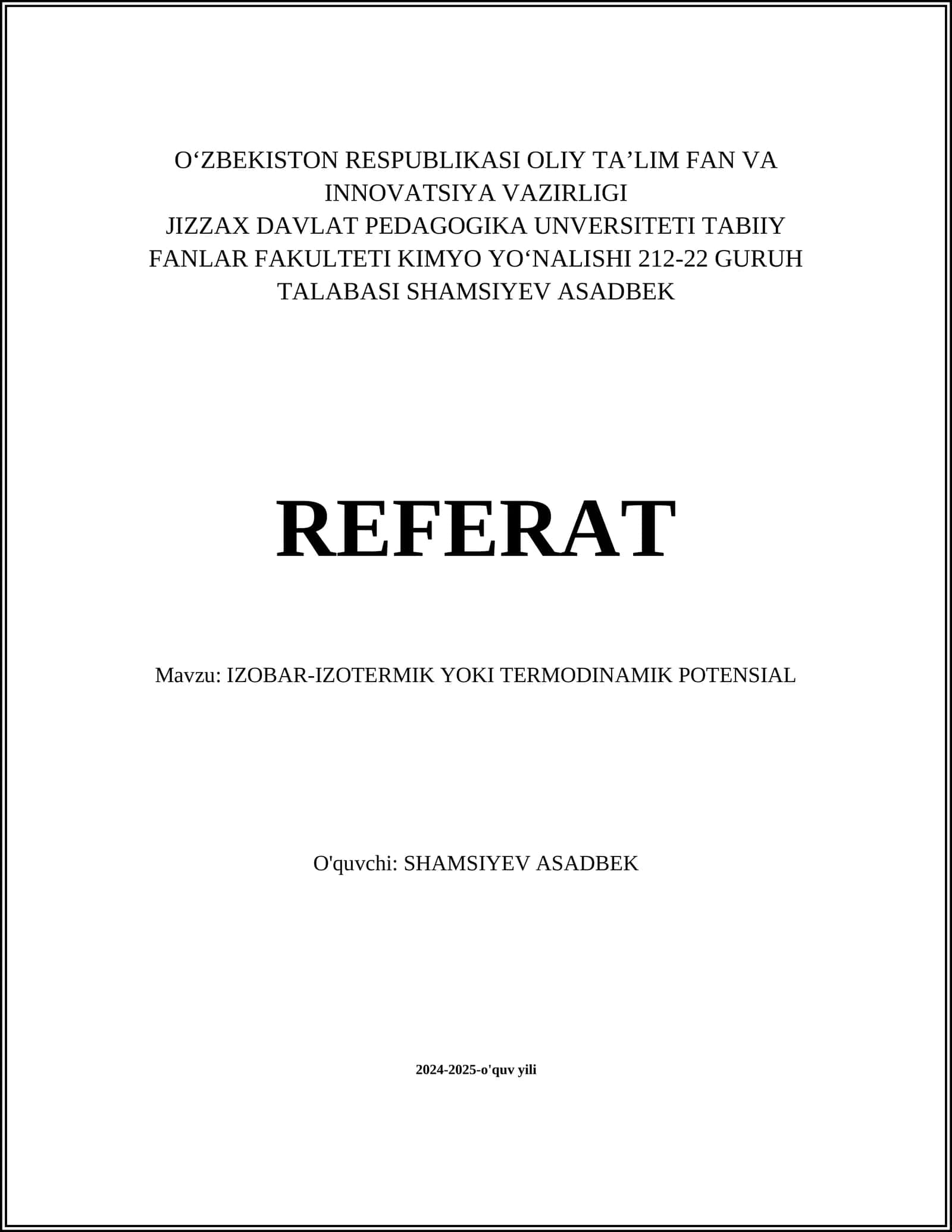 IZOBAR-IZOTERMIK YOKI TERMODINAMIK POTENSIAL