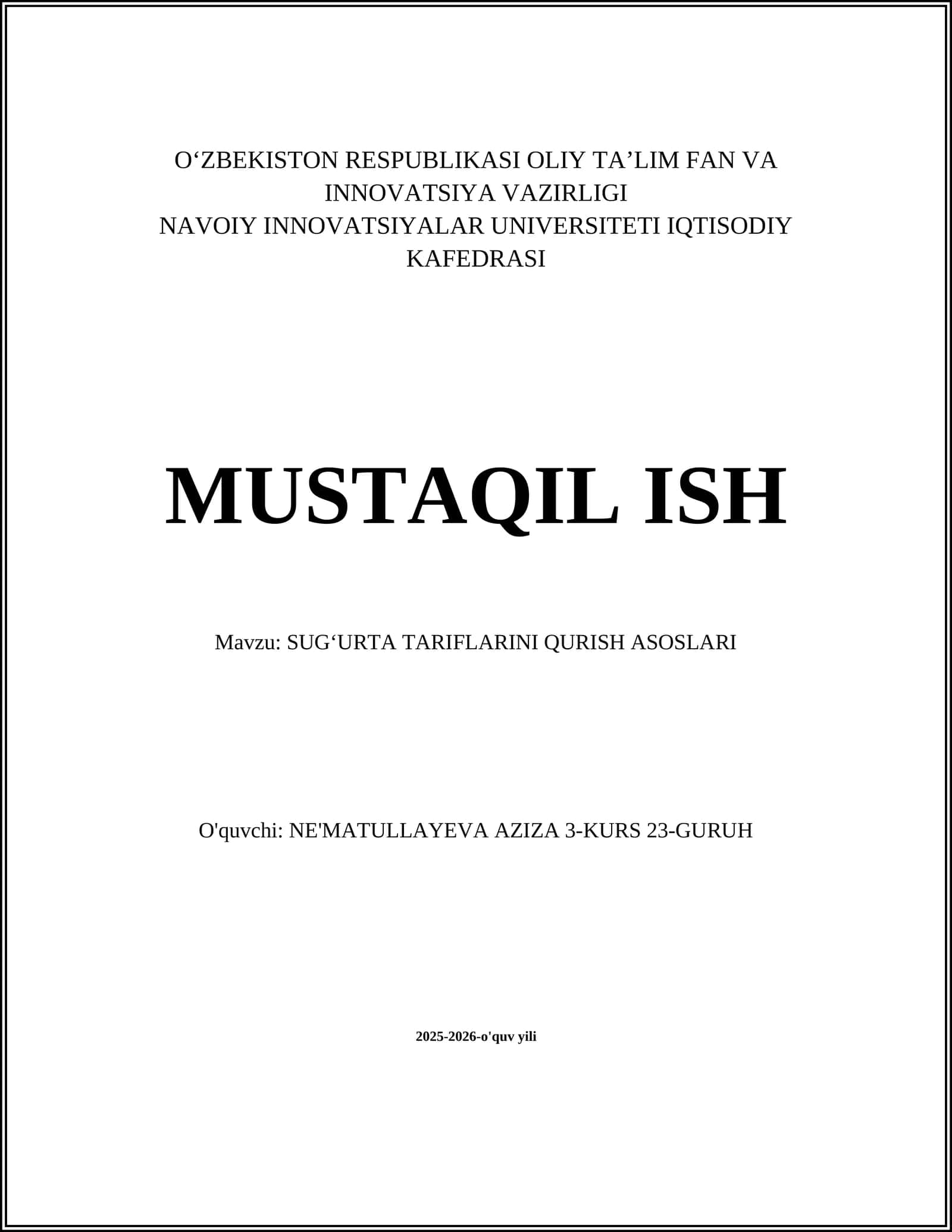 SUGʻURTA TARIFLARINI QURISH ASOSLARI