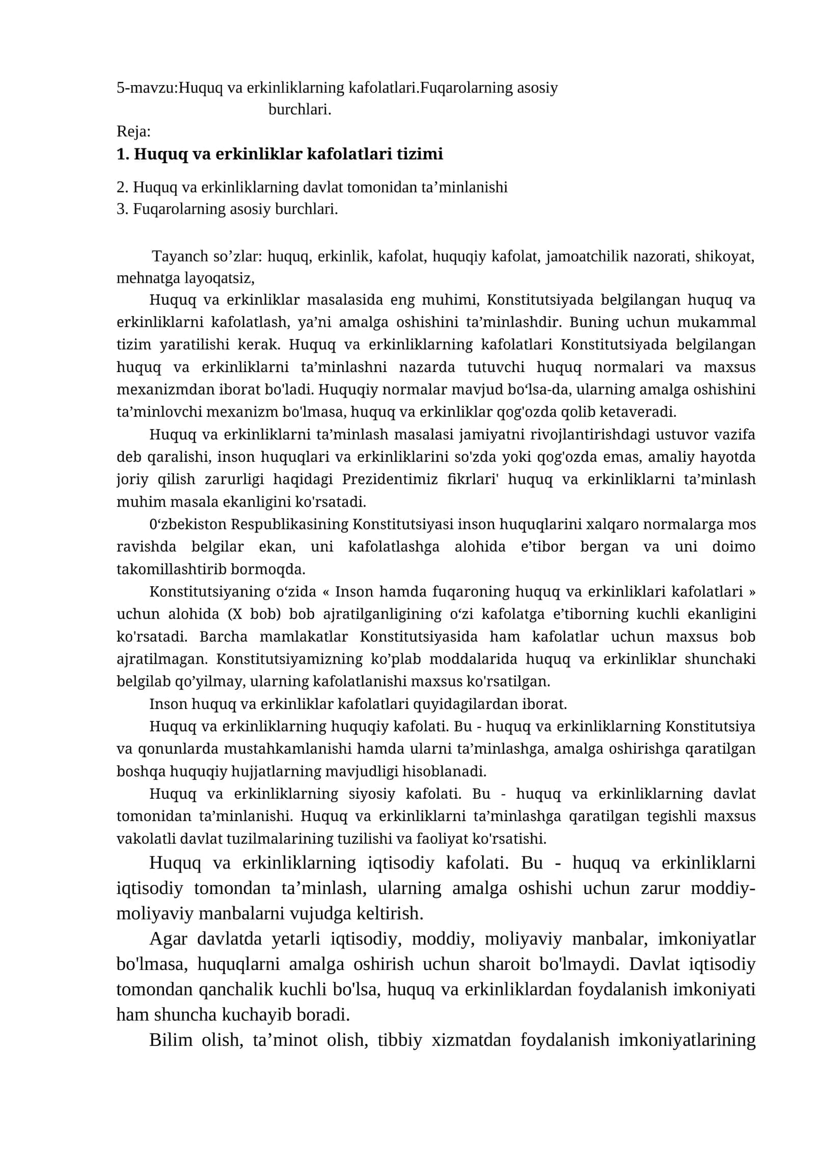 5-mavzu: Huquq va erkinliklarning kafolatlari.Fuqarolarning asosiy burchlari