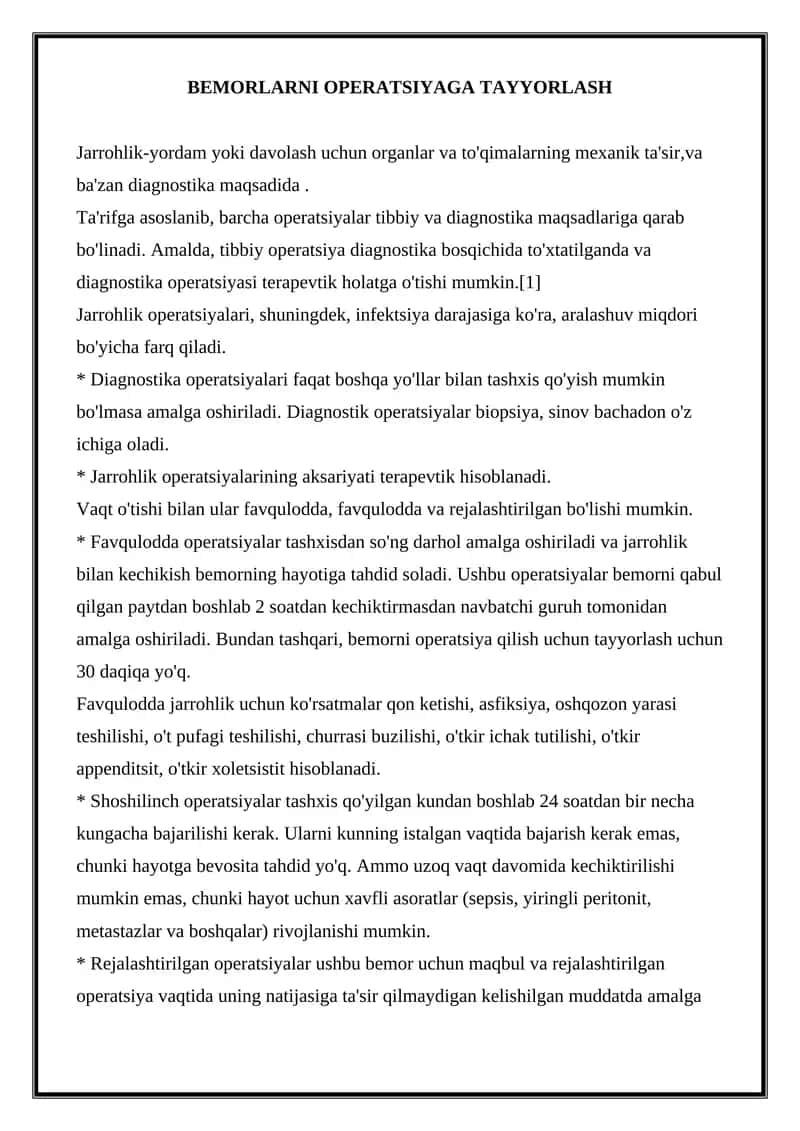 BEMORLARNI OPERATSIYAGA TAYYORLASH