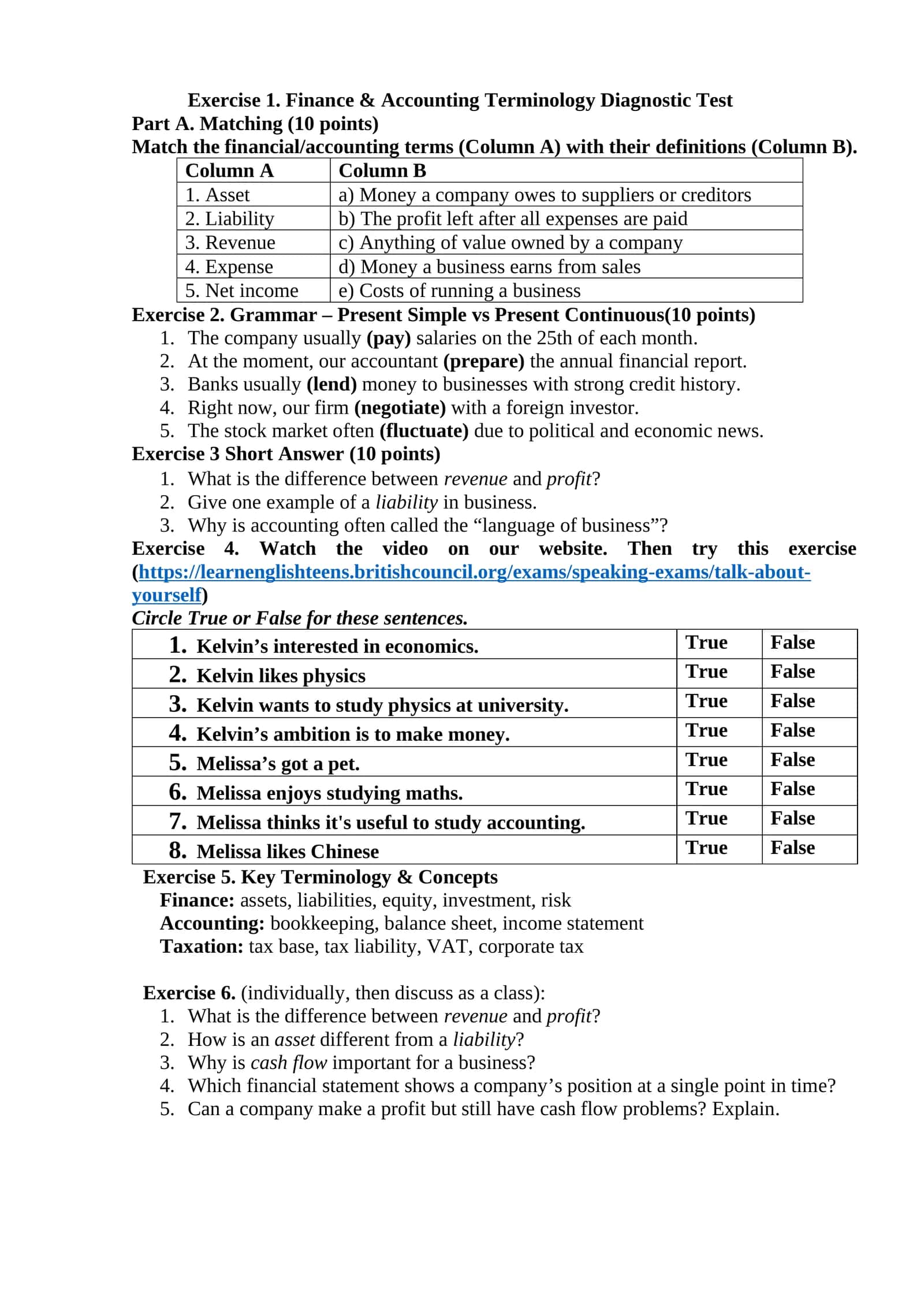 Finance & Accounting Terminology Diagnostic Test