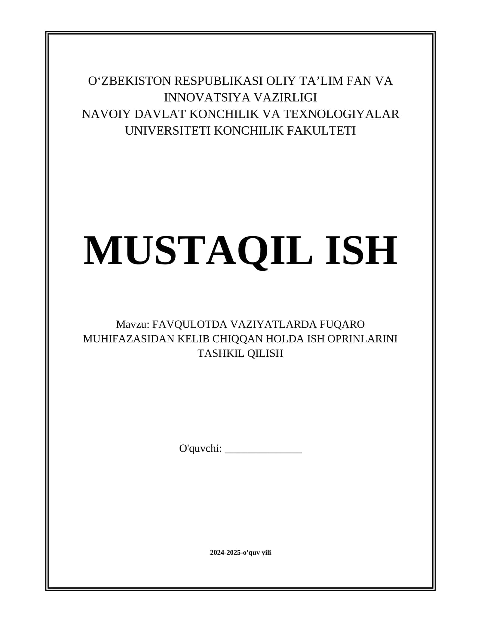 FAVQULOTDA VAZIYATLARDA FUQARO MUHIFAZASIDAN KELIB CHIQQAN HOLDA ISH OPRINLARINI TASHKIL QILISH