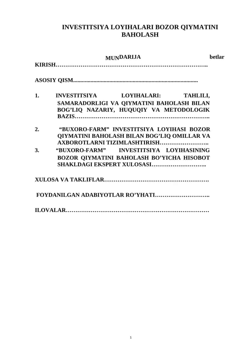 INVESTITSIYA LOYIHALARI BOZOR QIYMATINI BAHOLASH