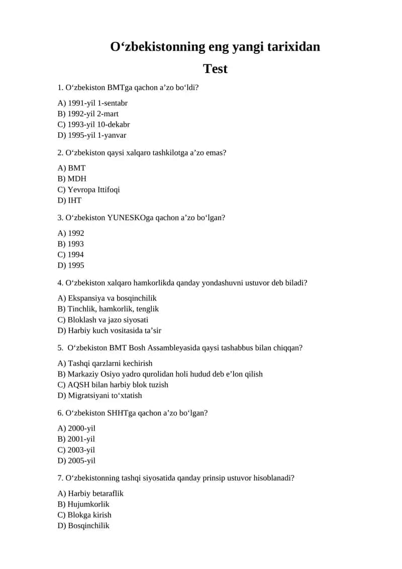 O‘zbekistonning eng yangi tarixidan Test