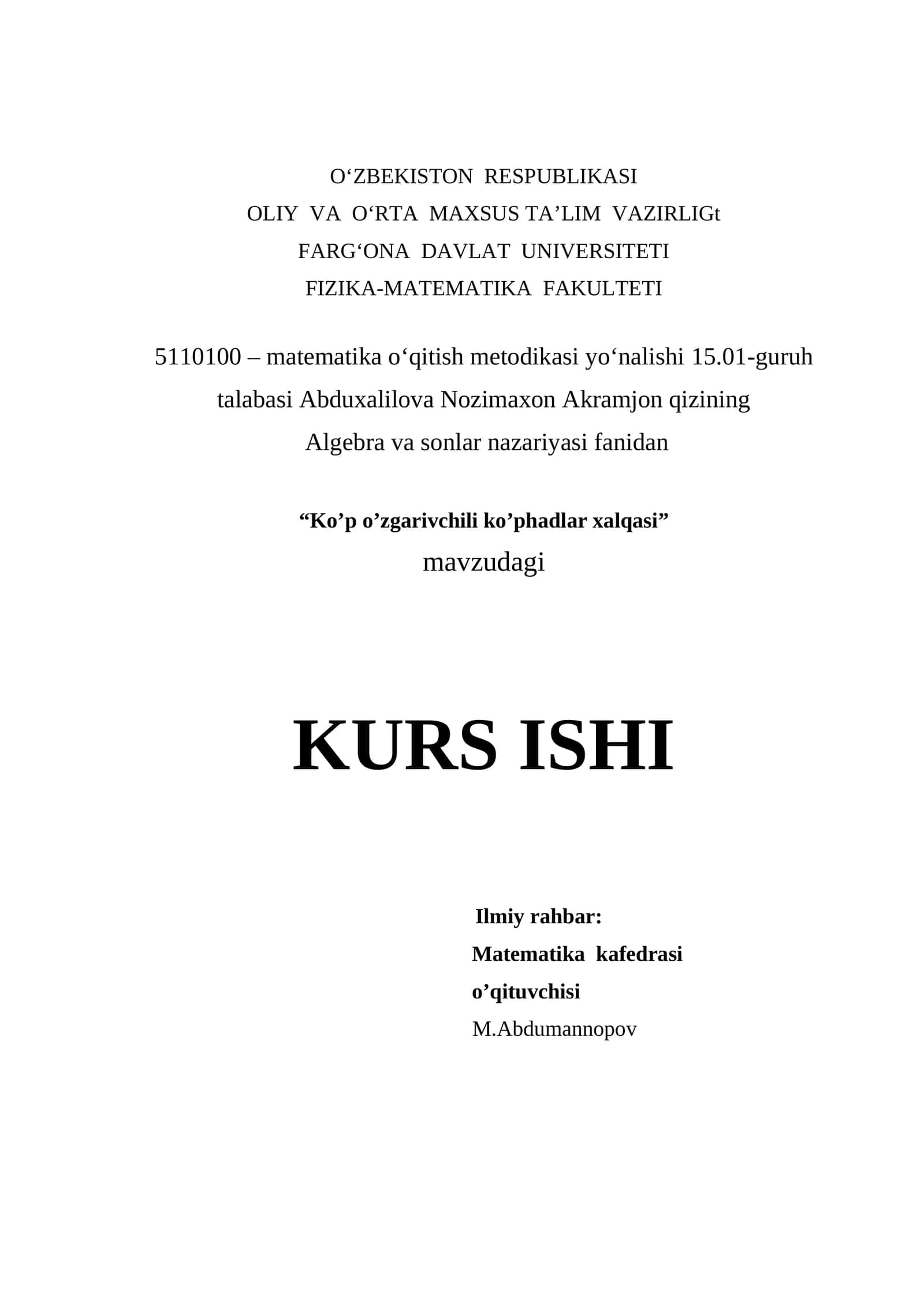 "Ko’p o’zgarivchili ko’phadlar xalqasi" KURS ISHI