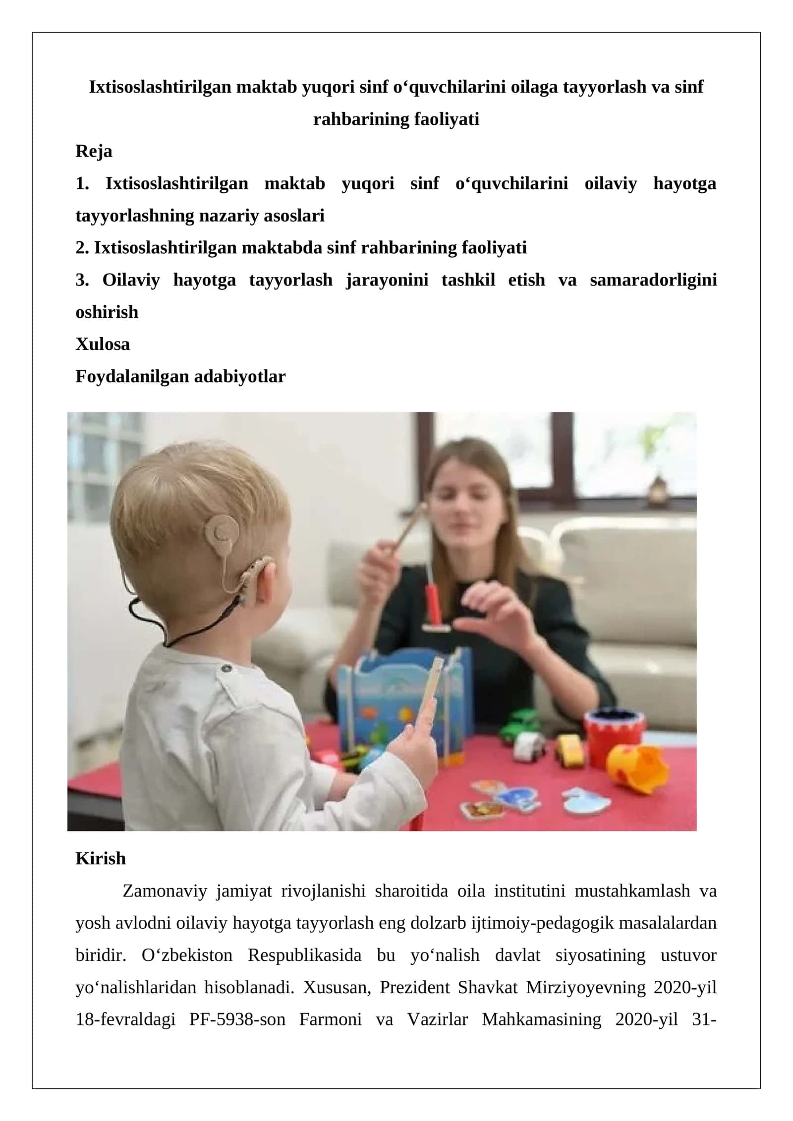 Ixtisoslashtirilgan maktab yuqori sinf o‘quvchilarini oilaga tayyorlash va sinf rahbarining faoliyati