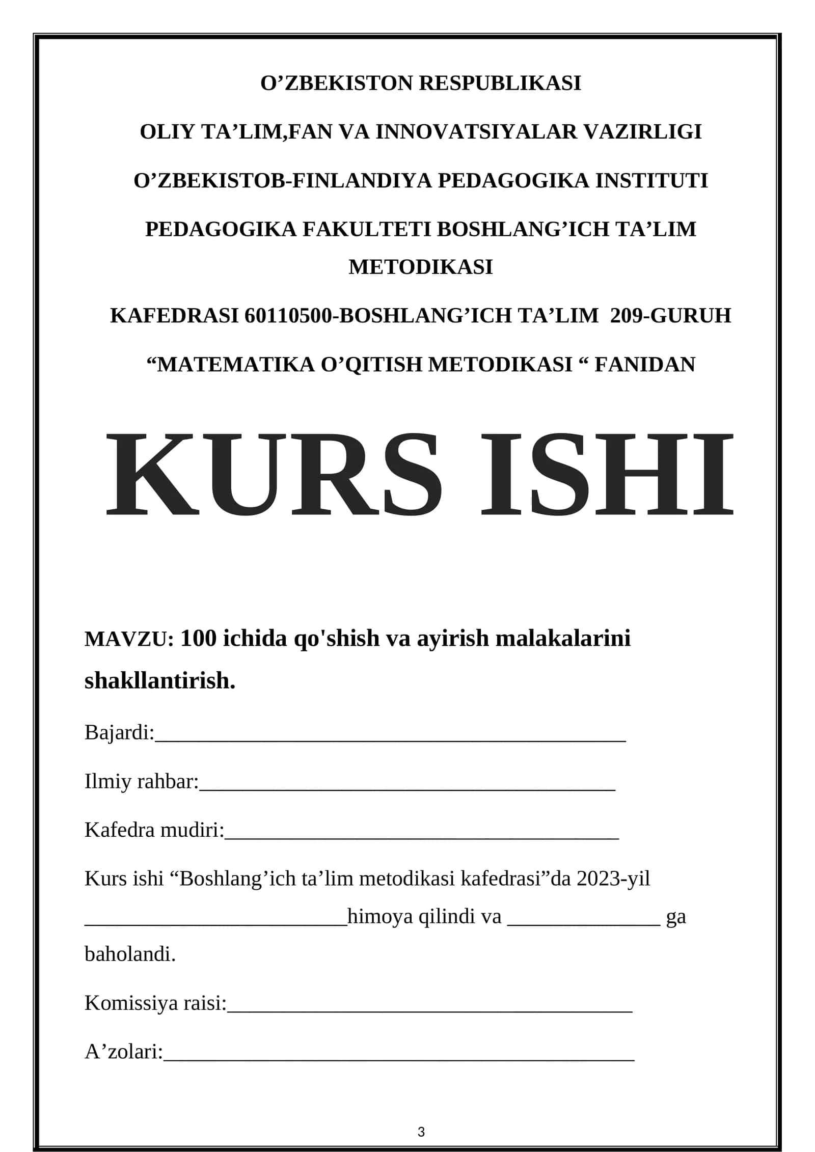 MATEMATIKA O’QITISH METODIKASI "FANIDAN KURS ISHI"
