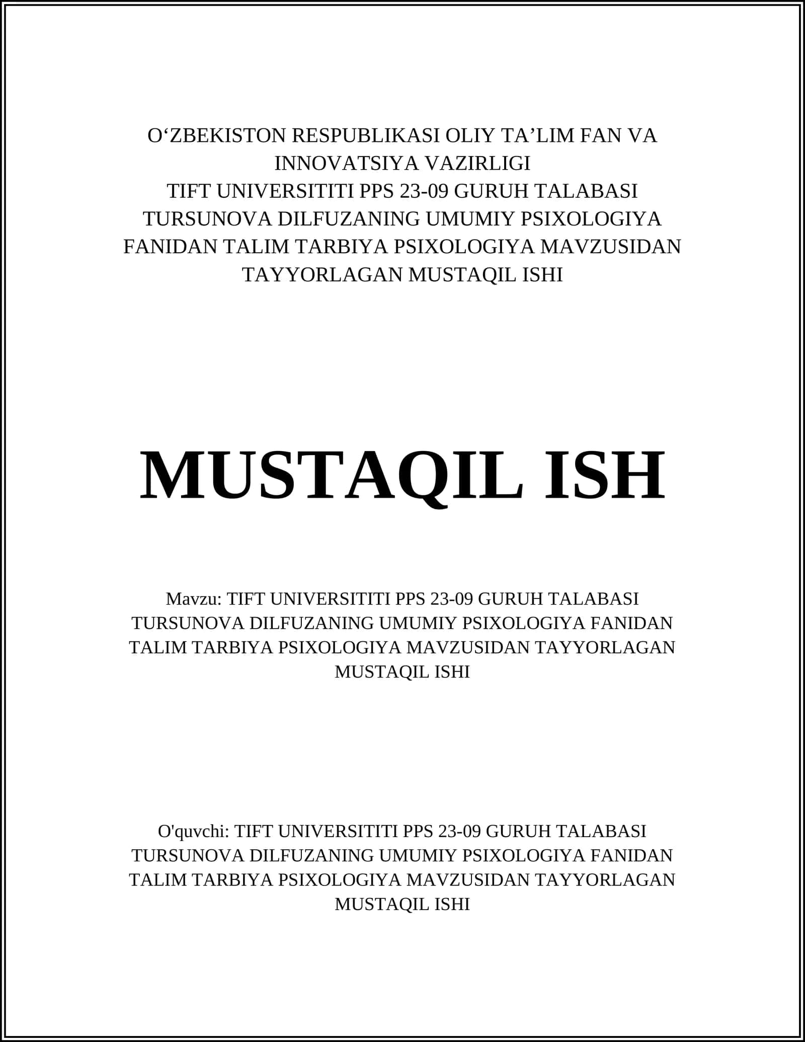UMUMIY PSIXOLOGIYA FANIDAN TALIM TARBIYA PSIXOLOGIYA