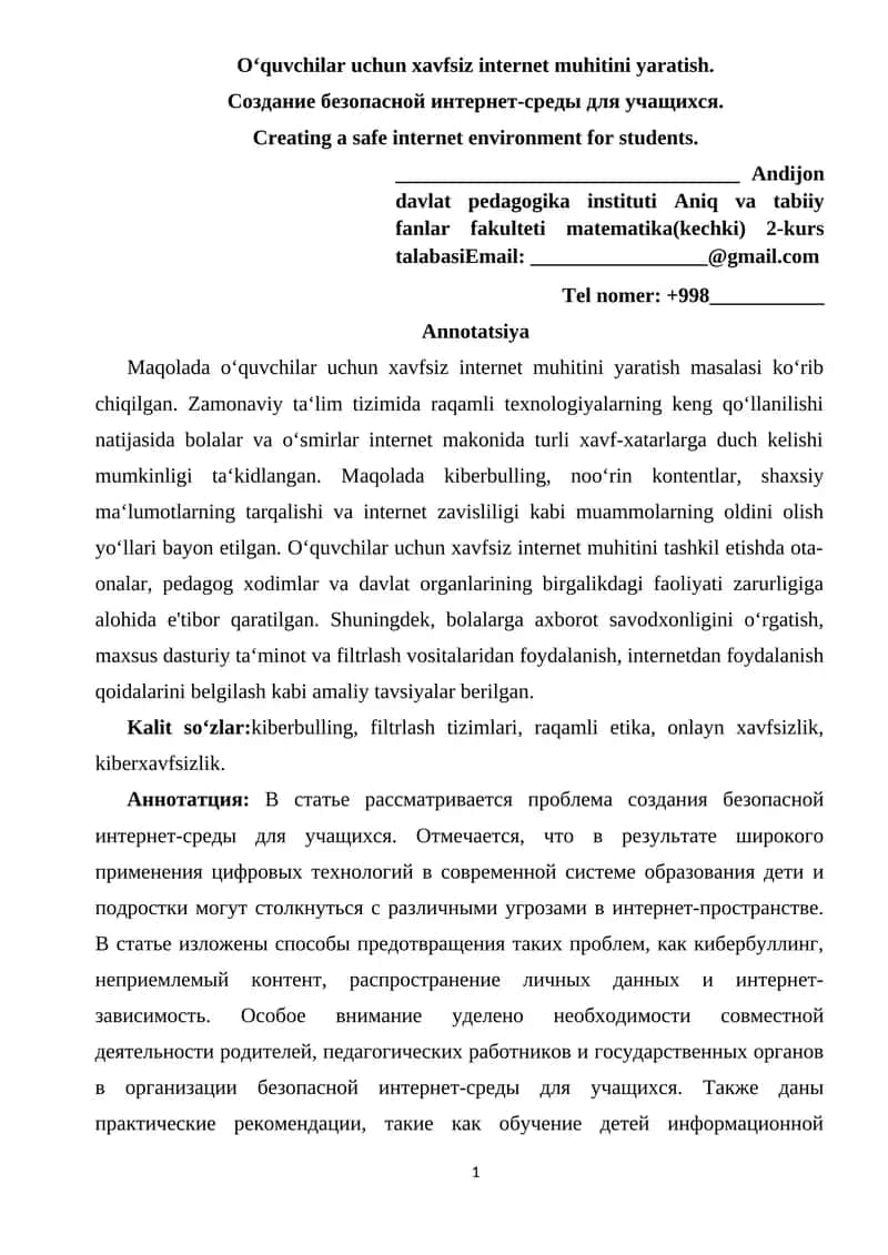 O'quvchilar uchun xavfsiz internet muhitini yaratish