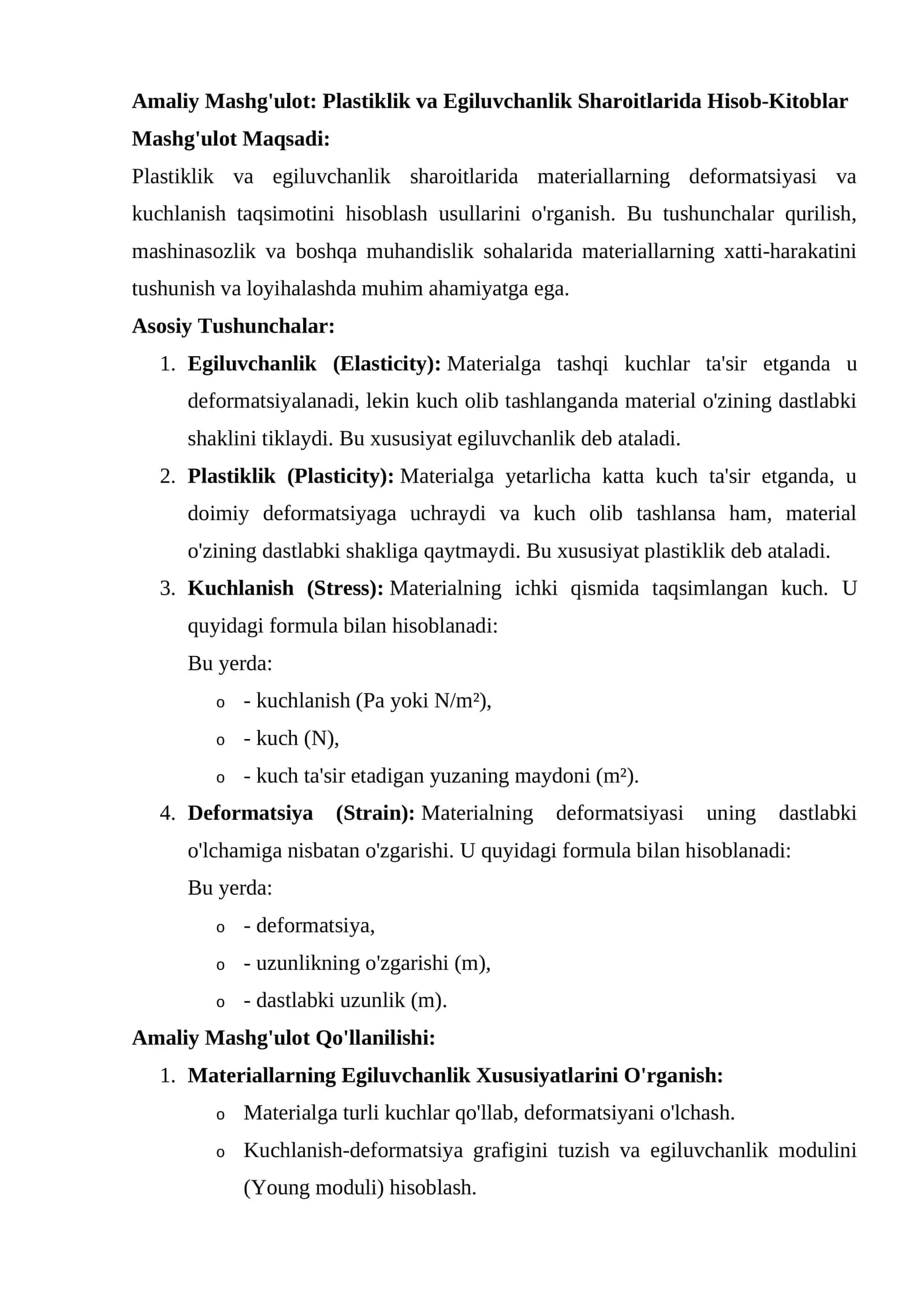 Amaliy Mashg'ulot: Plastiklik va Egiluvchanlik Sharoitlarida Hisob-Kitoblar