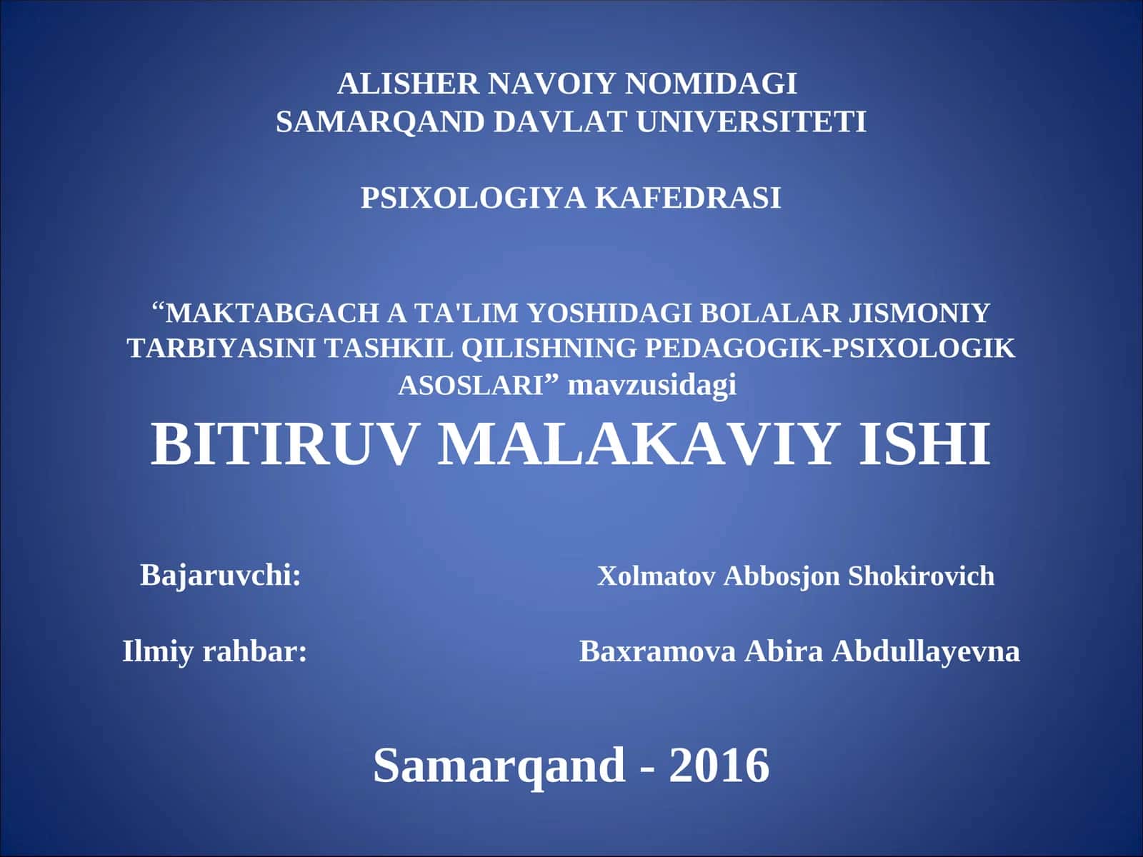 MAKTABGACH A TA'LIM YOSHIDAGI BOLALAR JISMONIY TARBIYASINI TASHKIL QILISHNING PEDAGOGIK-PSIXOLOGIK ASOSLARI