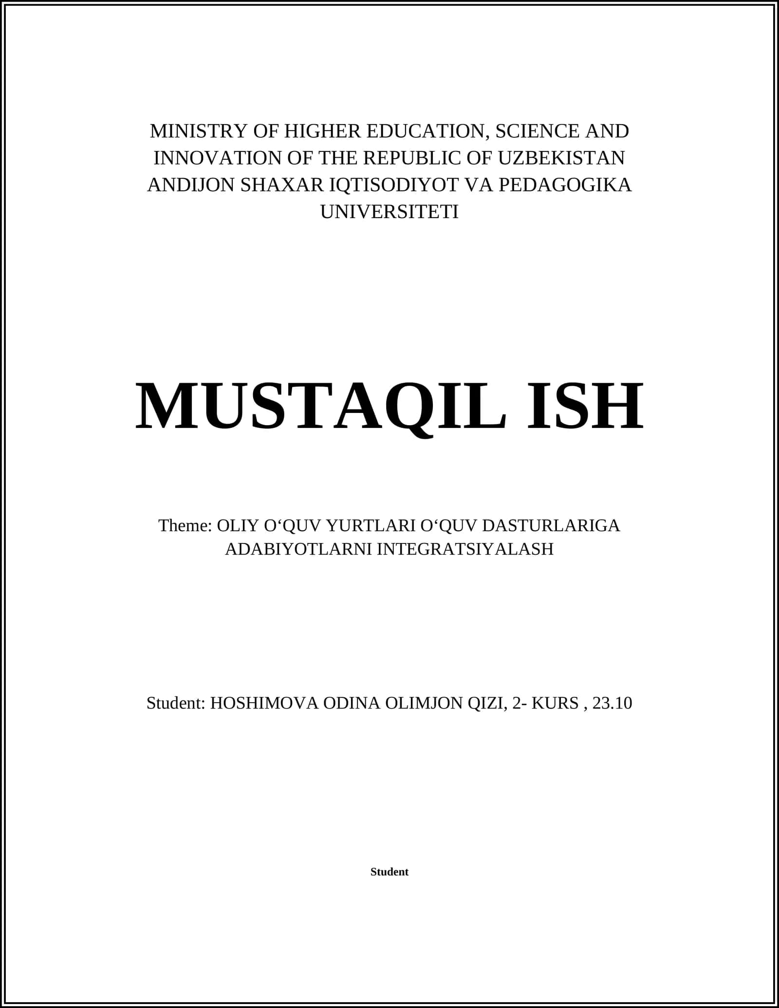 OʻQUV DASTURLARIGA ADABIYOTLARNI INTEGRATSIYALASH