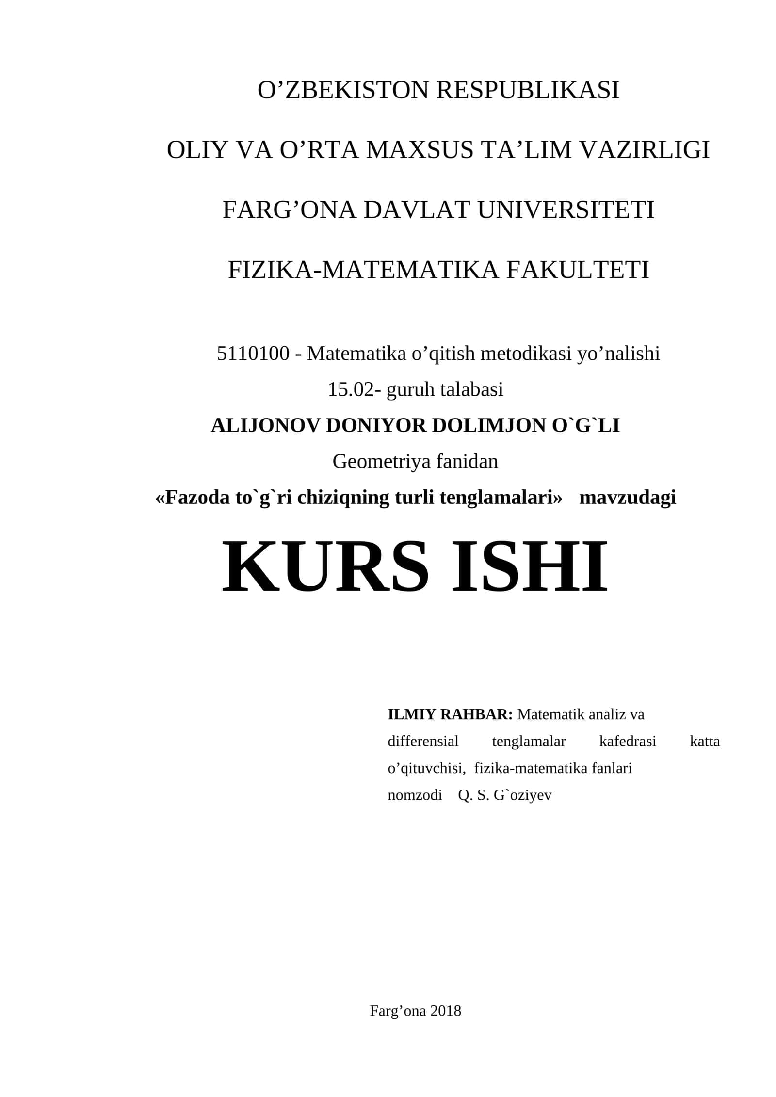 «Fazoda to`g`ri chiziqning turli tenglamalari» mavzudagi KURS ISHI