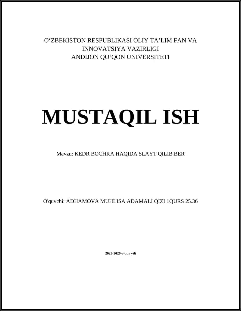 KEDR BOCHKA HAQIDA SLAYT QILIB BER