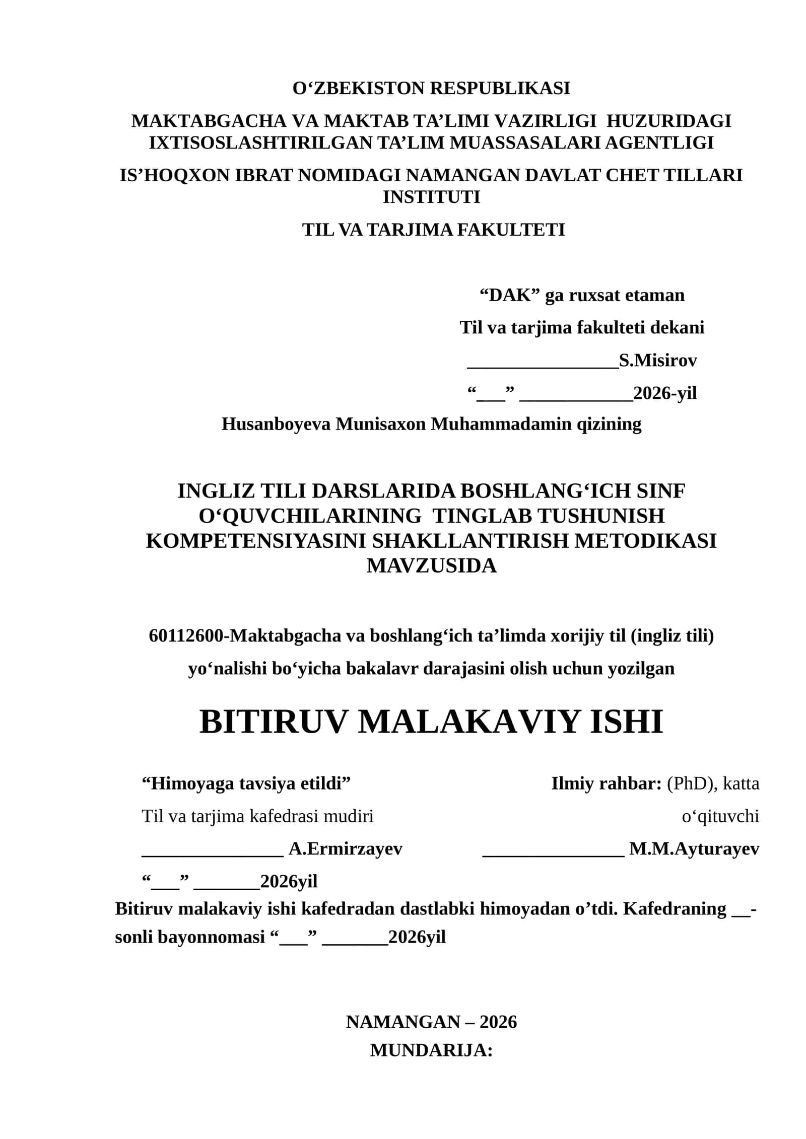 Ingliz tili darslarida boshlang‘ich sinf o‘quvchilarining tinglab tushunish kompetensiyasini shakllantirish metodikasi