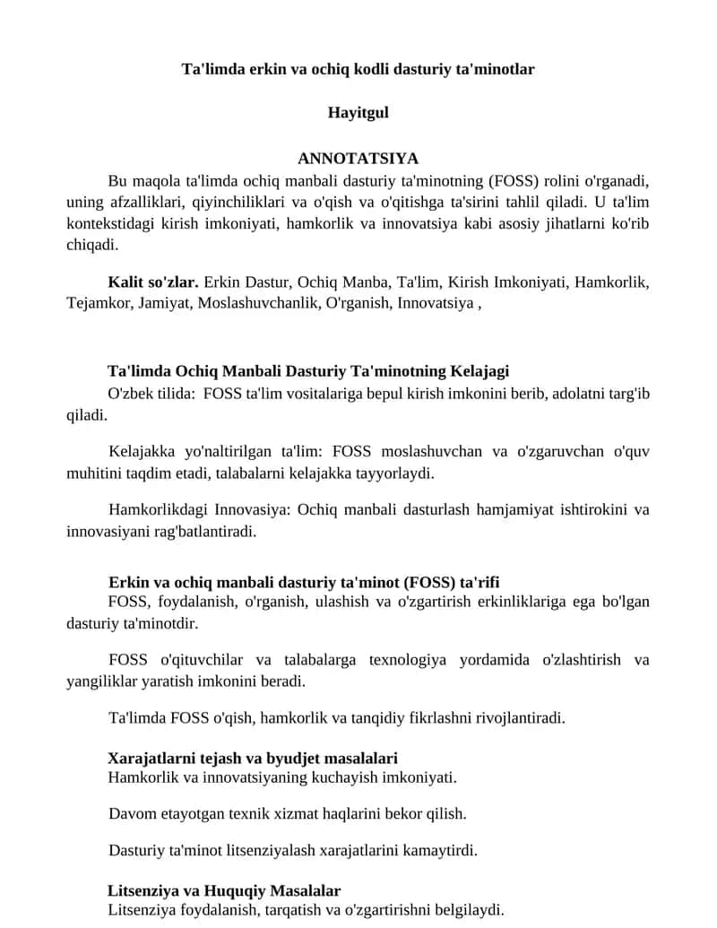 Ta'limda erkin va ochiq kodli dasturiy ta'minotlar