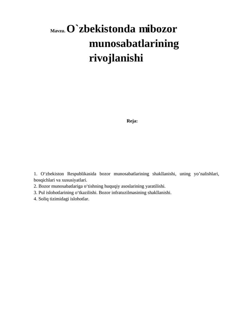 O`zbekistonda mibozor munosabatlarining rivojlanishi