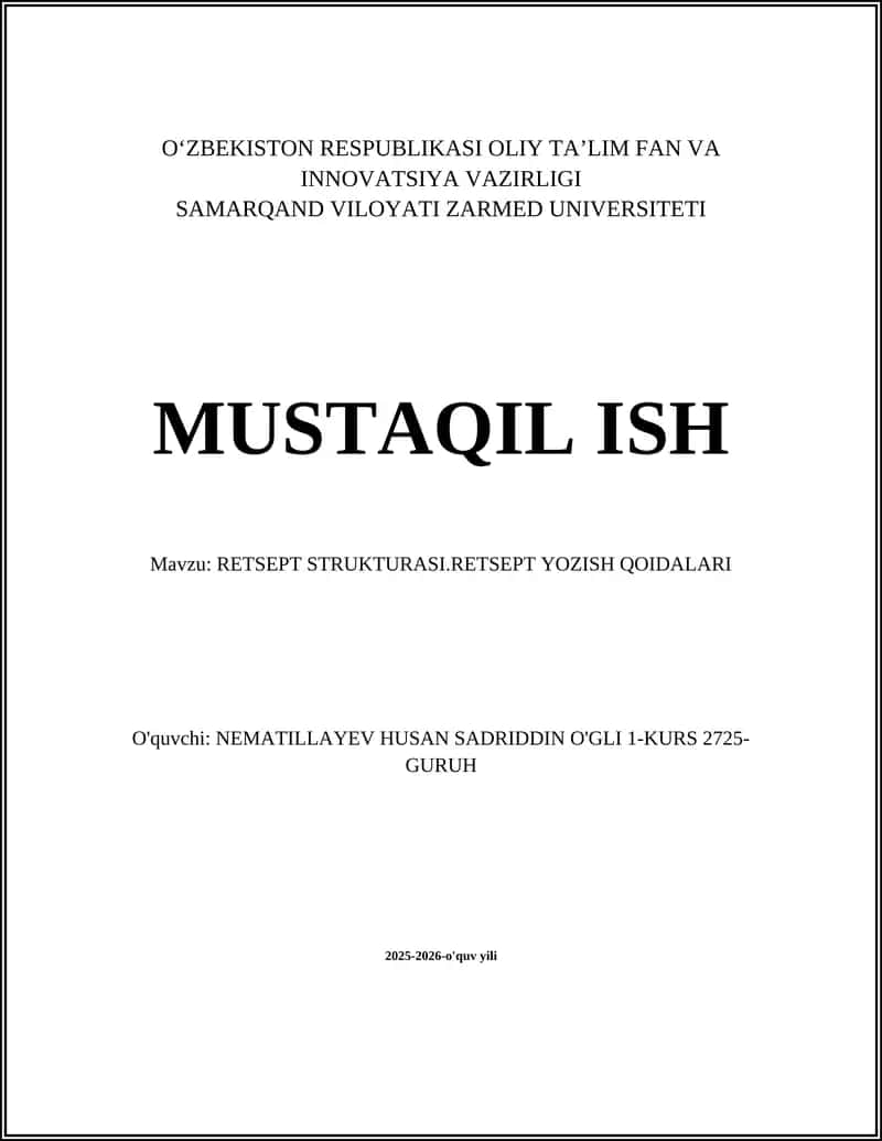 RETSEPT STRUKTURASI.RETSEPT YOZISH QOIDALARI