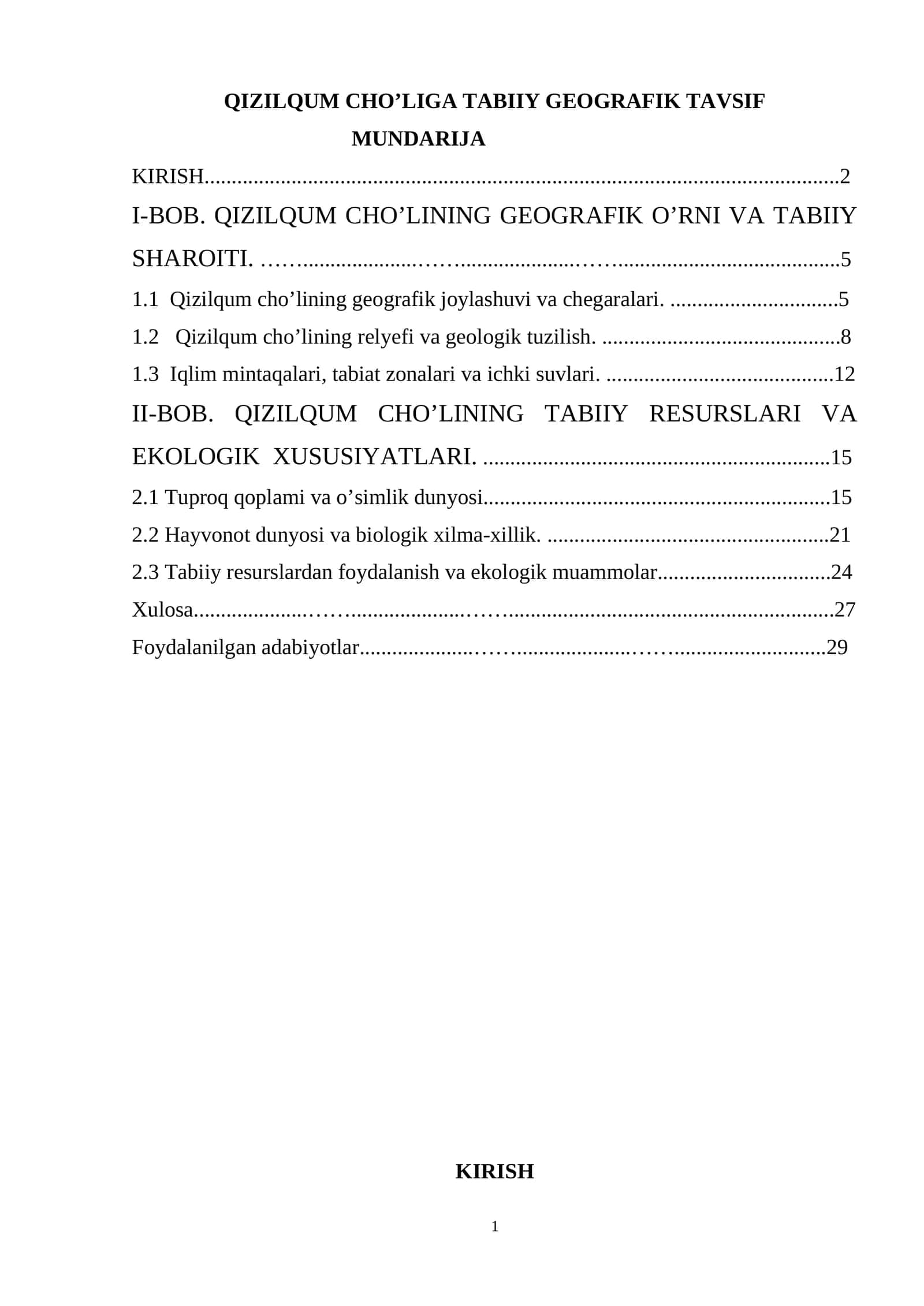 QIZILQUM CHO’LIGA TABIIY GEOGRAFIK TAVSIF
