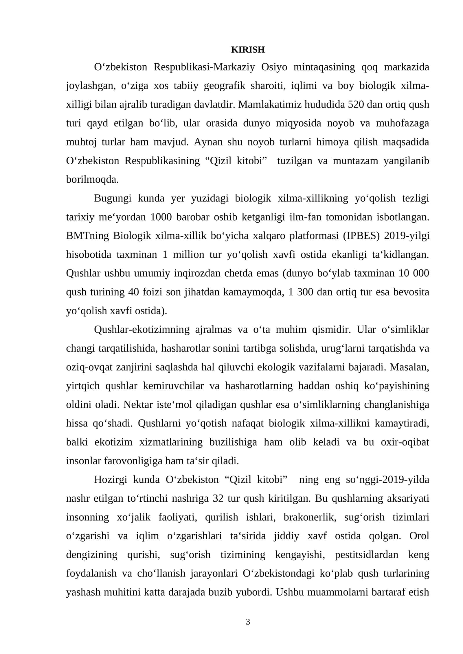 O‘zbekiston Respublikasi “Qizil kitobi”ga kiritilgan qushlarning hozirgi holati va muhofaza qilish choralari
