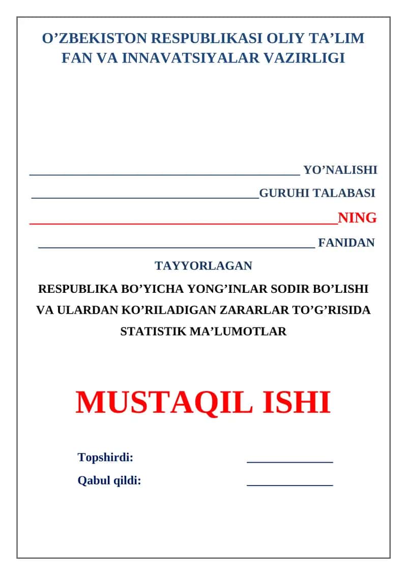 Respublika bo’yicha yong’inlar sodir bo’lishi va ulardan ko’riladigan zararlar to’g’risida statistik ma’lumotlar