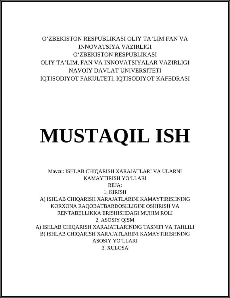 ISHLAB CHIQARISH XARAJATLARI VA ULARNI KAMAYTIRISH YO‘LLARI