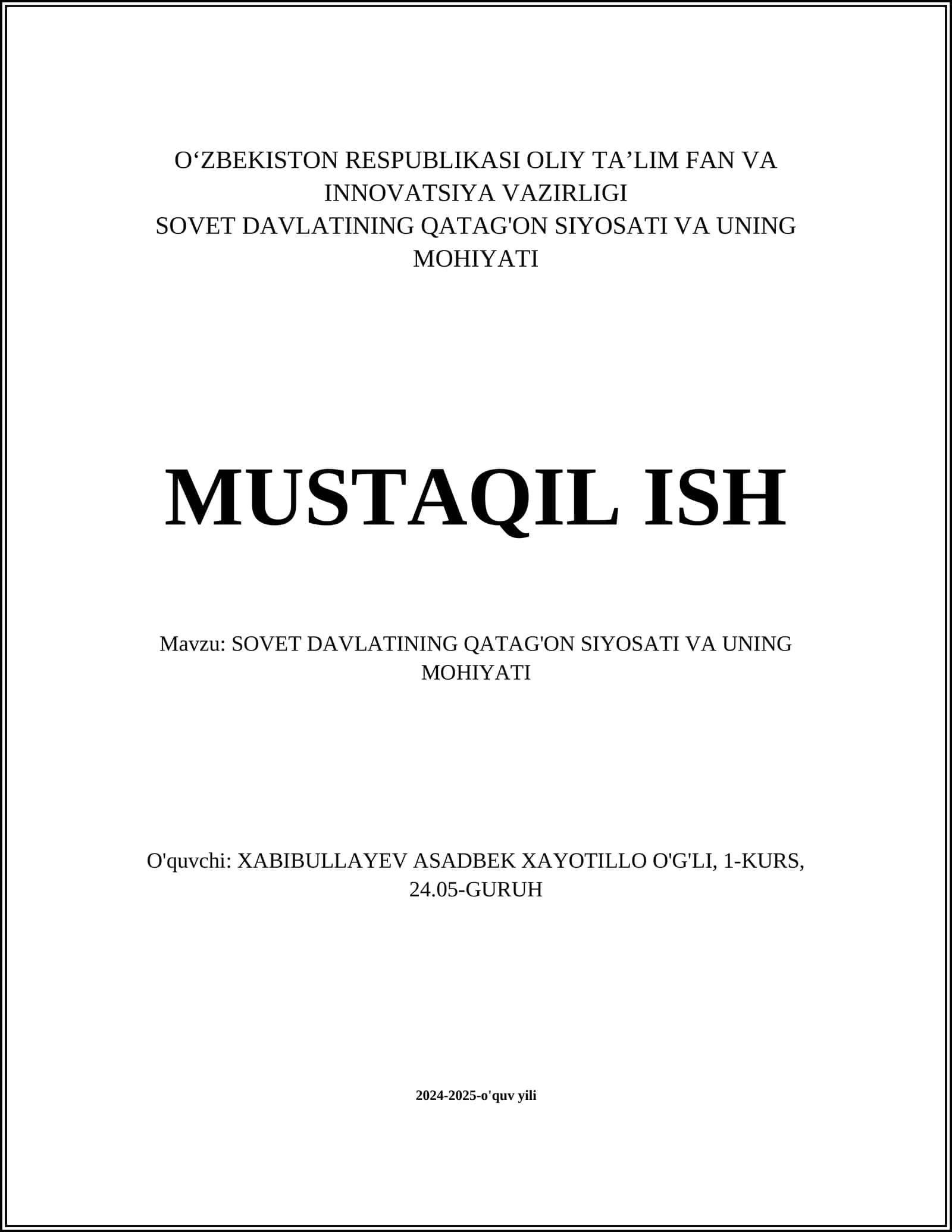 SOVET DAVLATINING QATAG'ON SIYOSATI VA UNING MOHIYATI