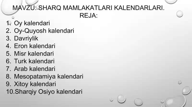 SHARQ MAMLAKATLARI KALENDARLARI