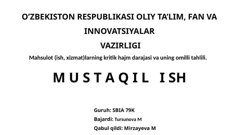 Mahsulot (ish, xizmat)larning kritik hajm darajasi va uning omilli tahlili.