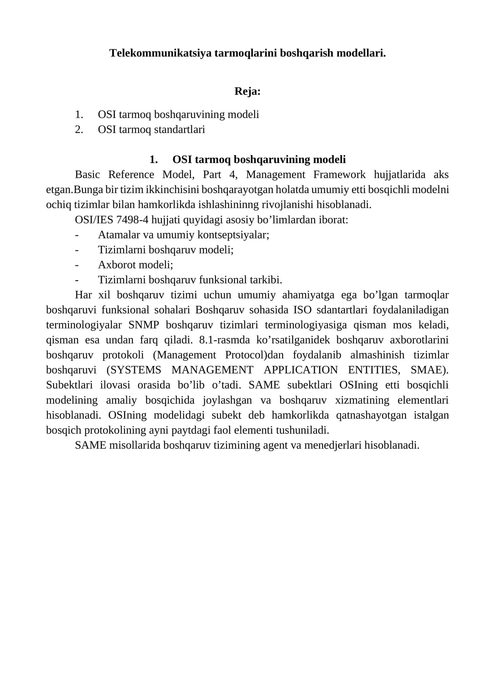 Telekommunikatsiya tarmoqlarini boshqarish modellari