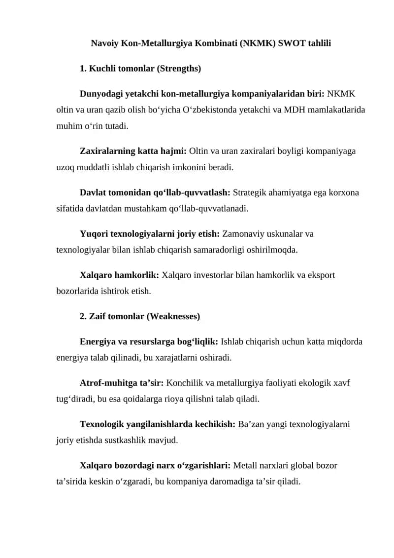 Navoiy Kon-Metallurgiya Kombinati (NKMK) SWOT tahlili