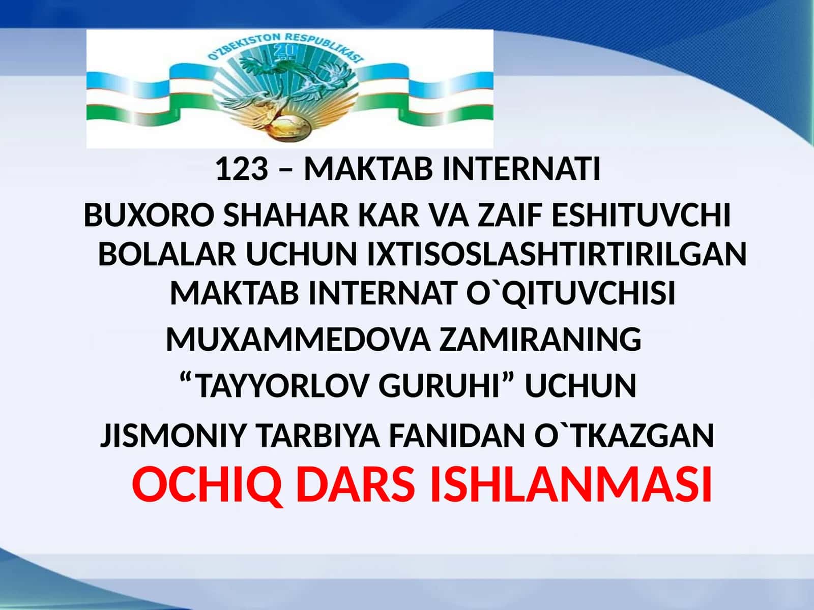 "Jismoniy Tarbiya Fanidan O`tkazganochiq Dars Ishlanmasi"