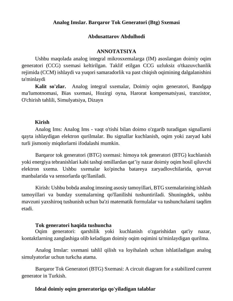 Barqaror Tok Generatori (BTG) Sxemasi