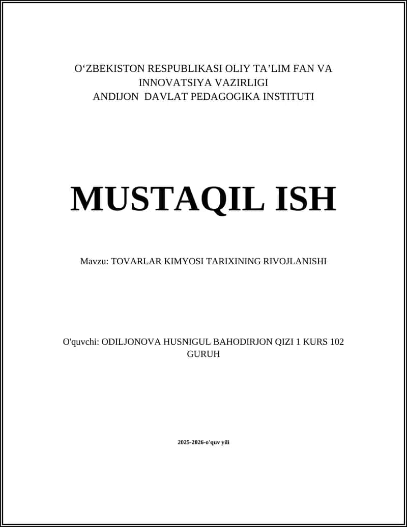 TOVARLAR KIMYOSI TARIXINING RIVOJLANISHI