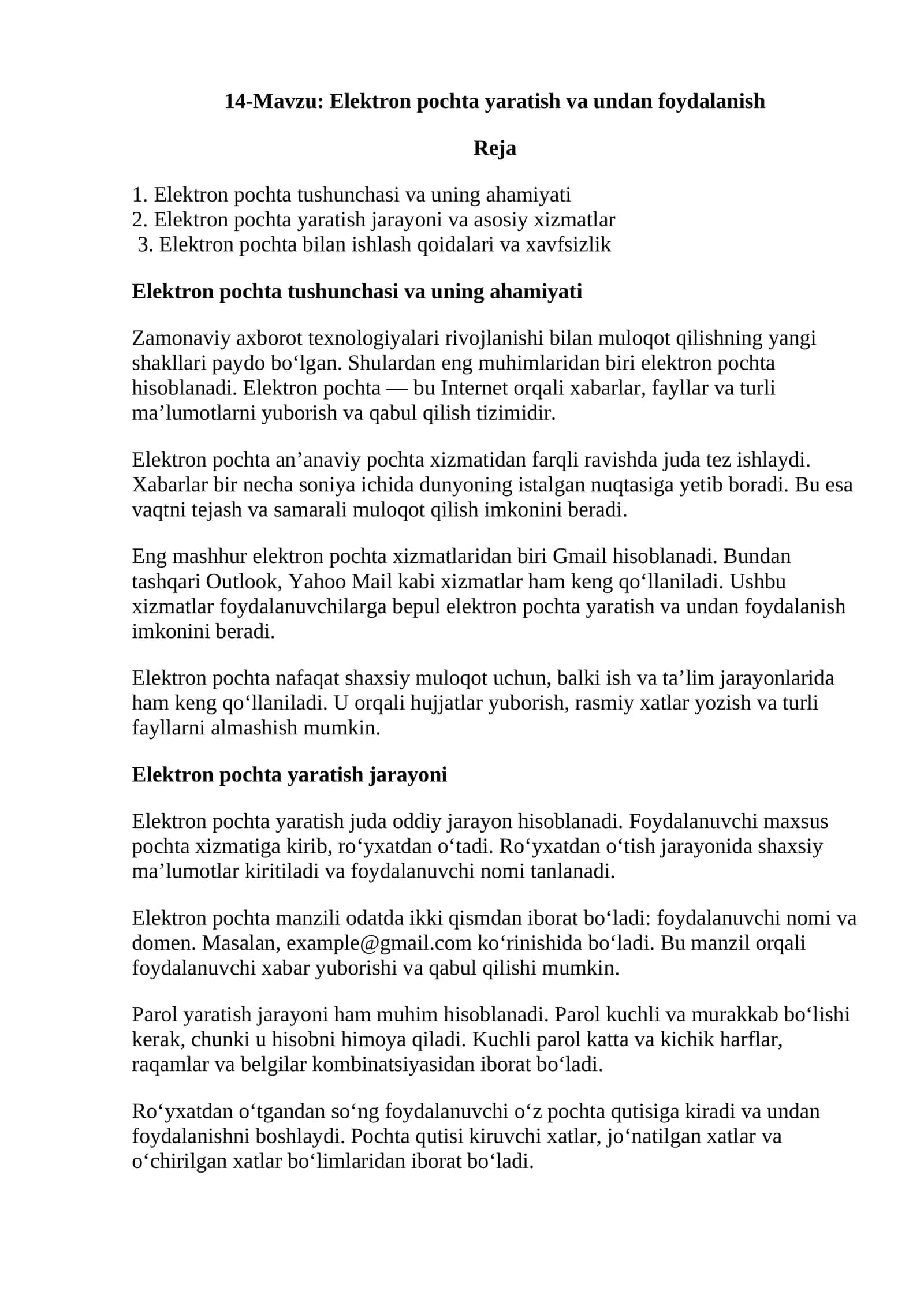 Elektron Pochta Yaratish va Undan Foydalanish