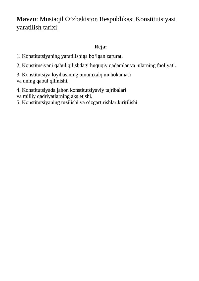 O'zbekiston Respublikasi Konstitutsiyasi yaratilish tarixi