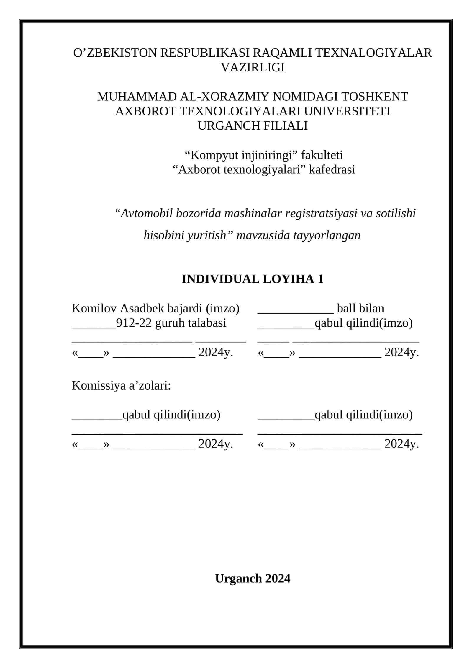 Avtomobil bozorida mashinalar registratsiyasi va sotilishi hisobini yuritish