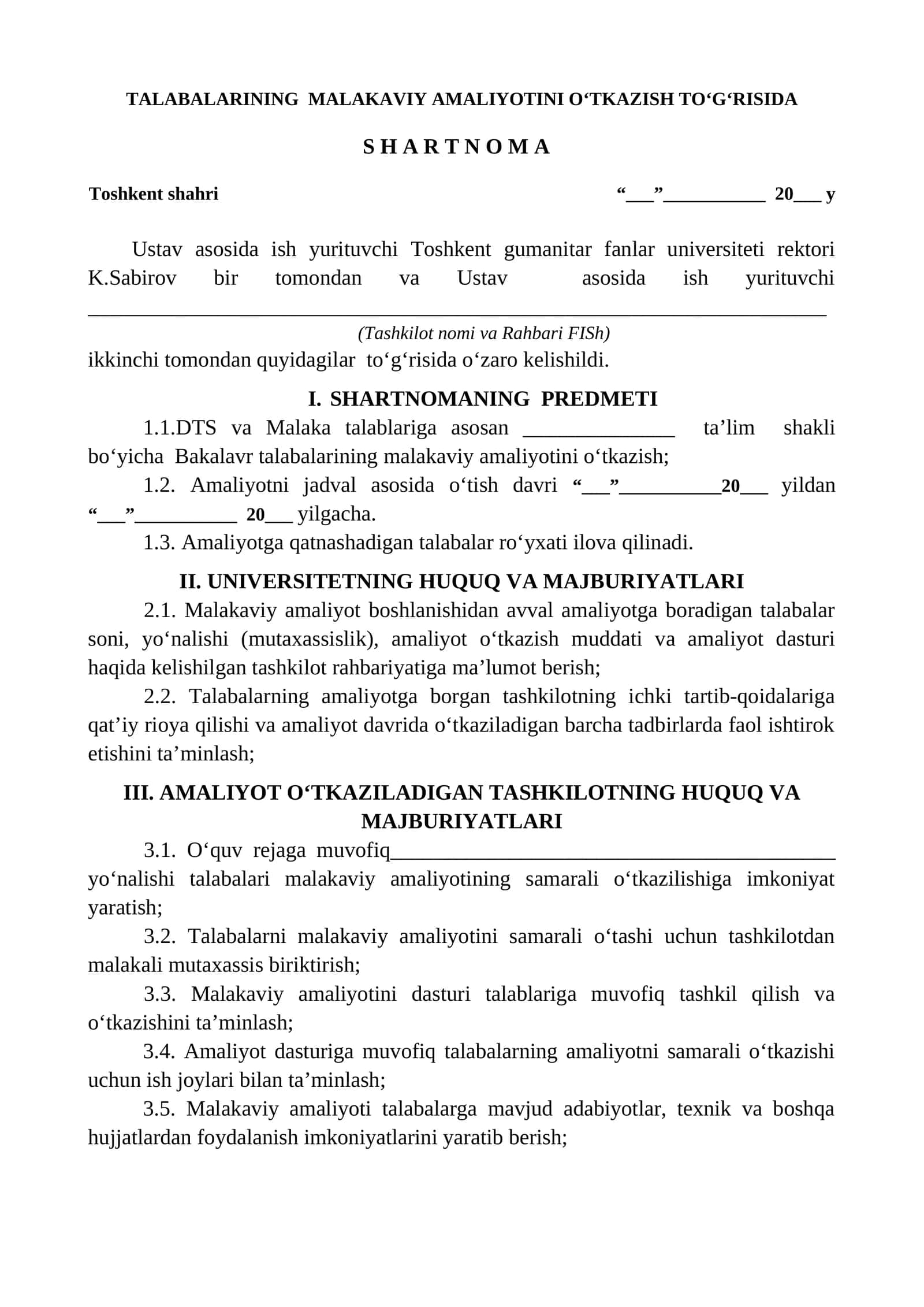 TALABALARINING MALAKAVIY AMALIYOTINI O‘TKAZISH TO‘G‘RISIDA