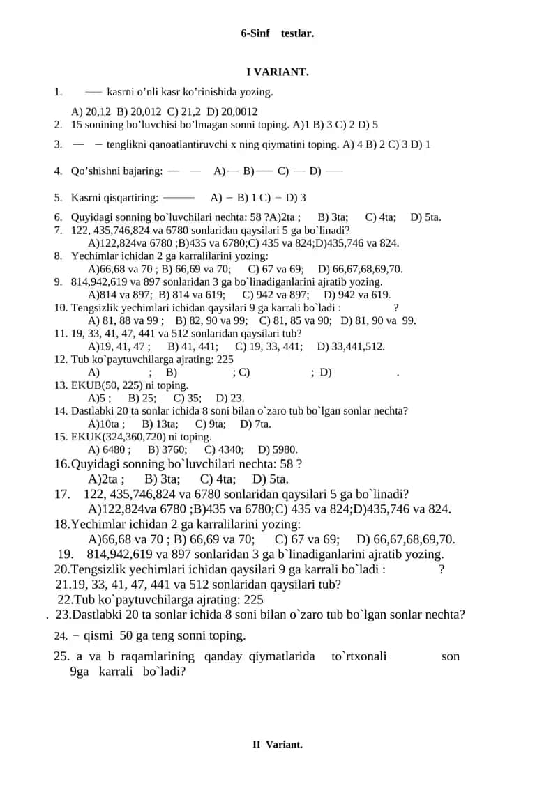 6-sinf matematikdan uchun barcha chorak uchun test