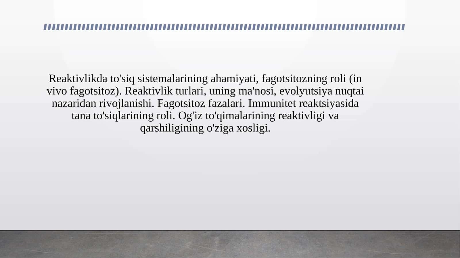 Reaktivlikda to'siq sistemalarining ahamiyati, fagotsitozning roli (in vivo fagotsitoz). Reaktivlik turlari, uning ma'nosi, evolyutsiya nuqtai nazaridan rivojlanishi. Fagotsitoz fazalari. Immunitet reaktsiyasida tana to'siqlarining roli. Og'iz to'qimalarining reaktivligi va qarshiligining o'ziga xosligi.