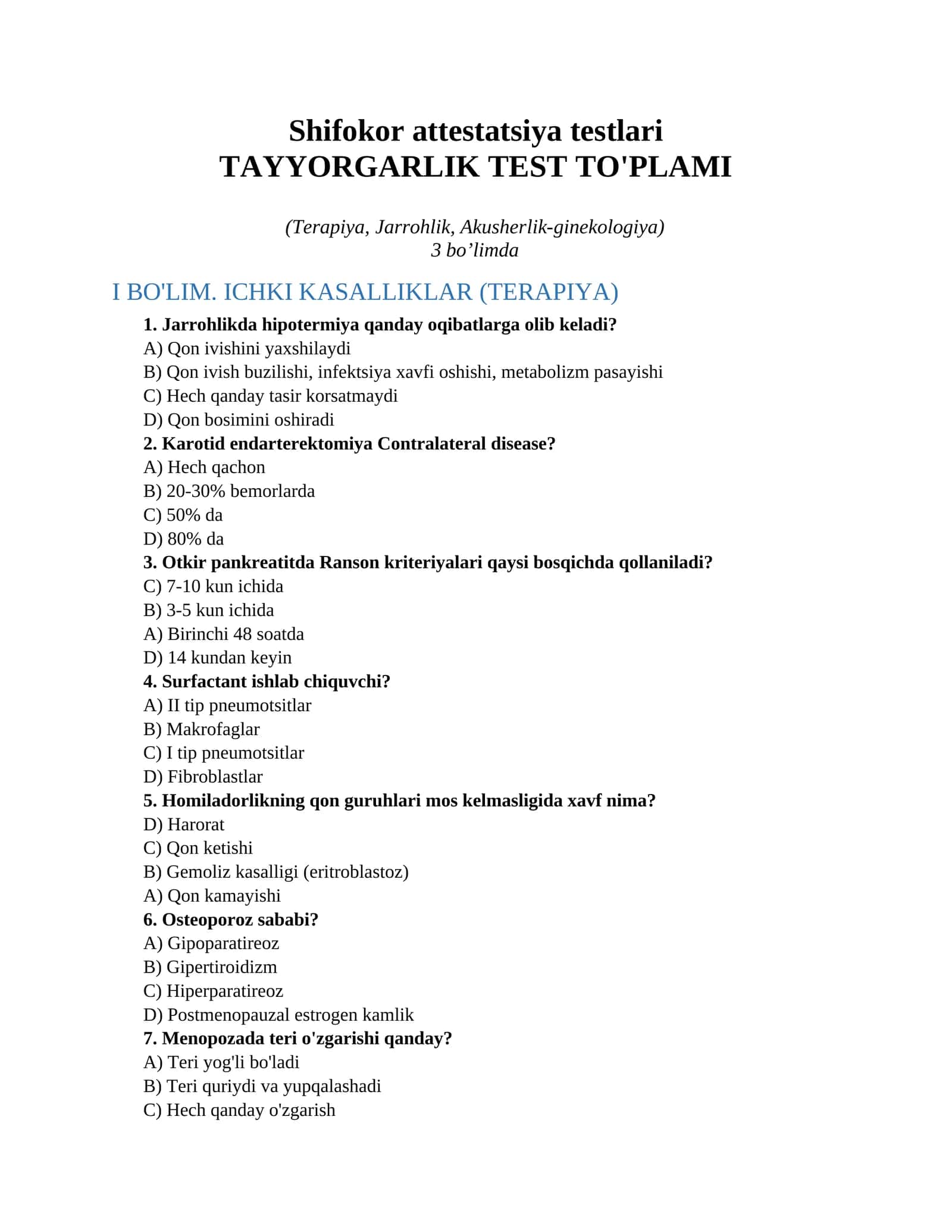Shifokor attestatsiya testlari