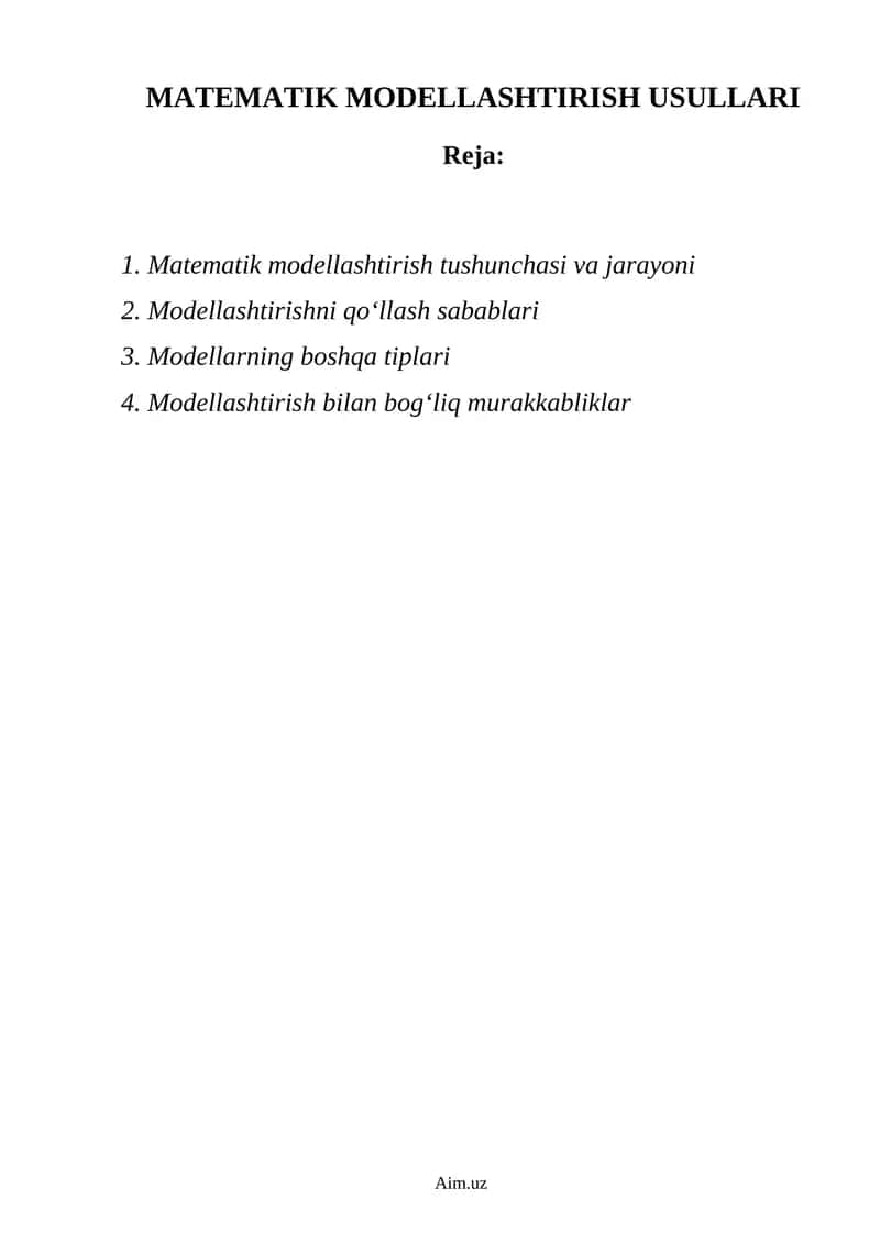 MATEMATIK MODELLASHTIRISH USULLARI
